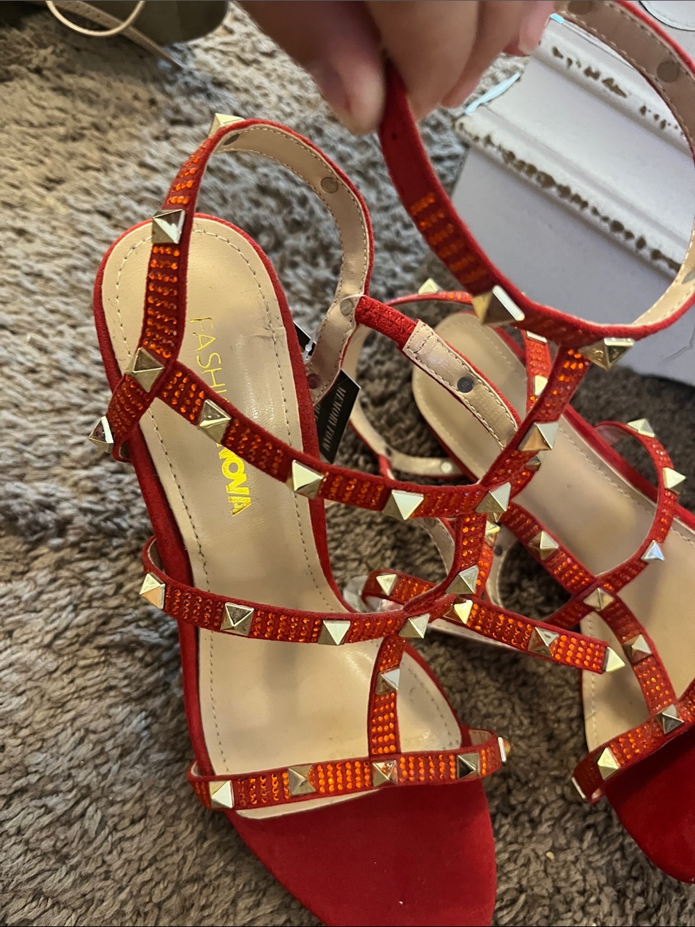Fashion Nova Red Crystal Pyramid Stud T-Strap Heels - Picture 6 of 10